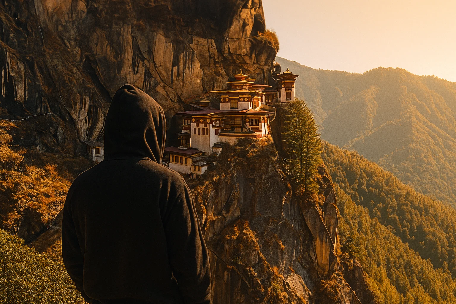 Monastery perched on a mountain cliff at sunset